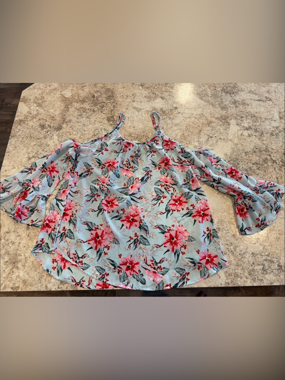 Light Blue Floral Cold-Shoulder Top with Pink Blooms